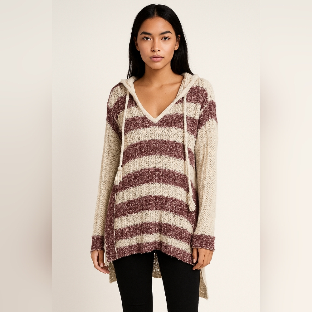 Blu Pepper‎ BA3703 Women’s Large Hooded Knit Sweater Beige Purple Striped...